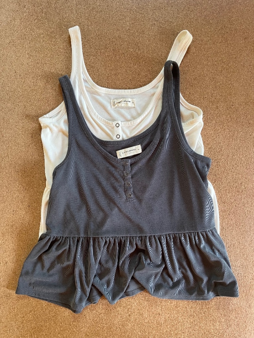 Set of Lucky Brand Peplum Henley Tank Tops XS Dark Gray and White